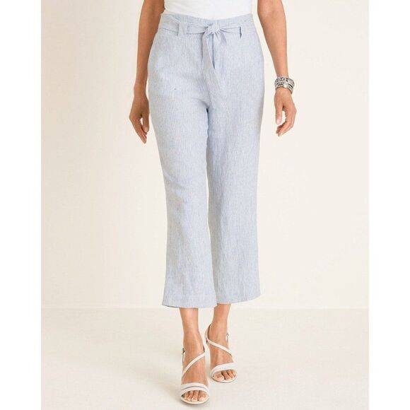Chico's Pinstriped Linen Straight Leg Classic Pull-On Crops Sz 16/3R Blue Beachy - Picture 3 of 11